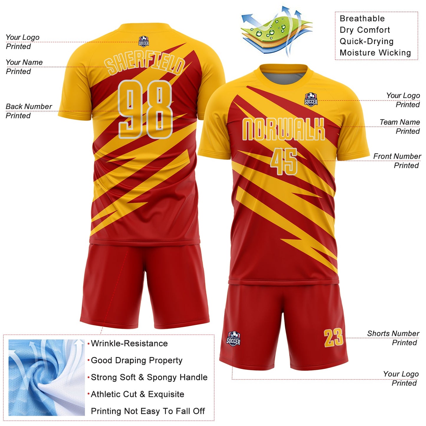 Custom Gold Red-White Abstract Line Sports Sublimation Soccer Uniform Jersey view 4
