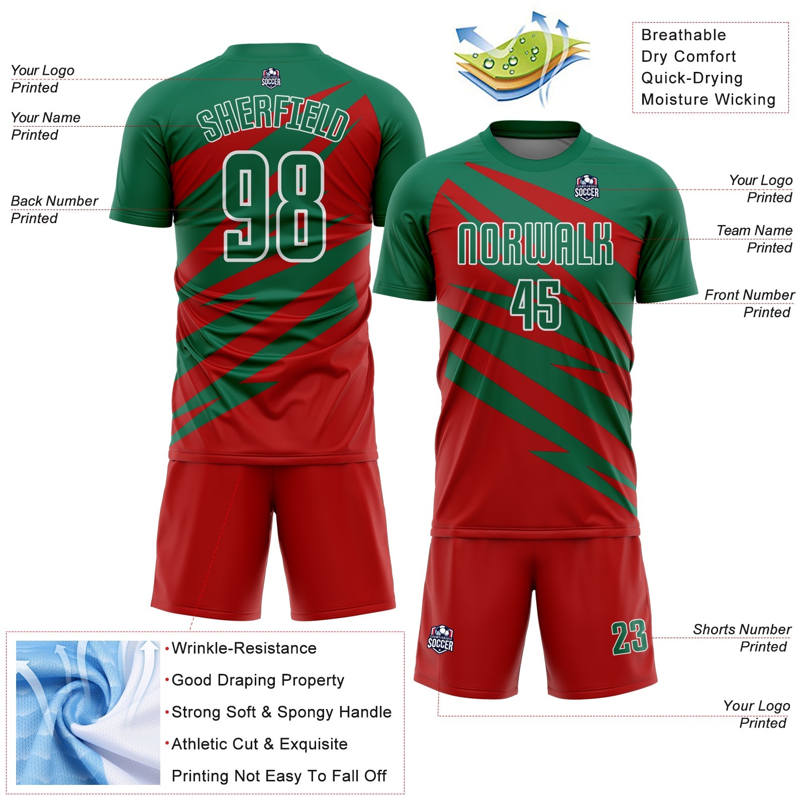 Custom Kelly Green Red-White Abstract Line Sports Sublimation Soccer Uniform Jersey view 4