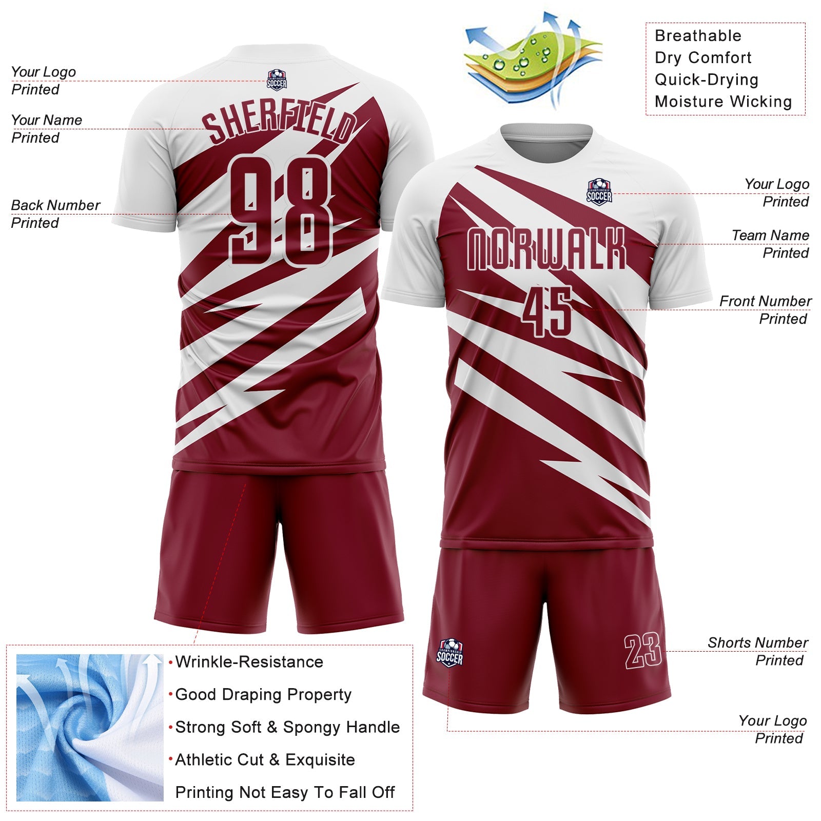Custom White Crimson Abstract Line Sports Sublimation Soccer Uniform Jersey view 4