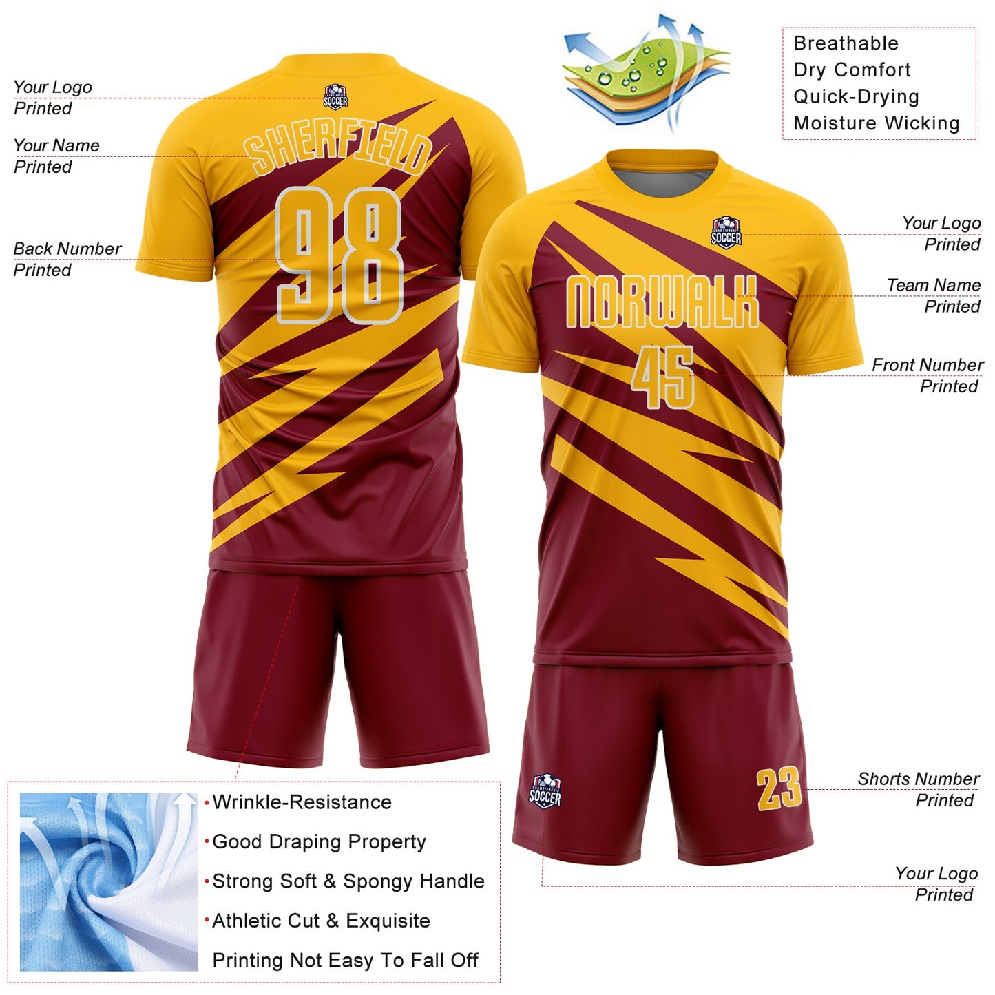Custom Gold Crimson-White Abstract Line Sports Sublimation Soccer Uniform Jersey view 4