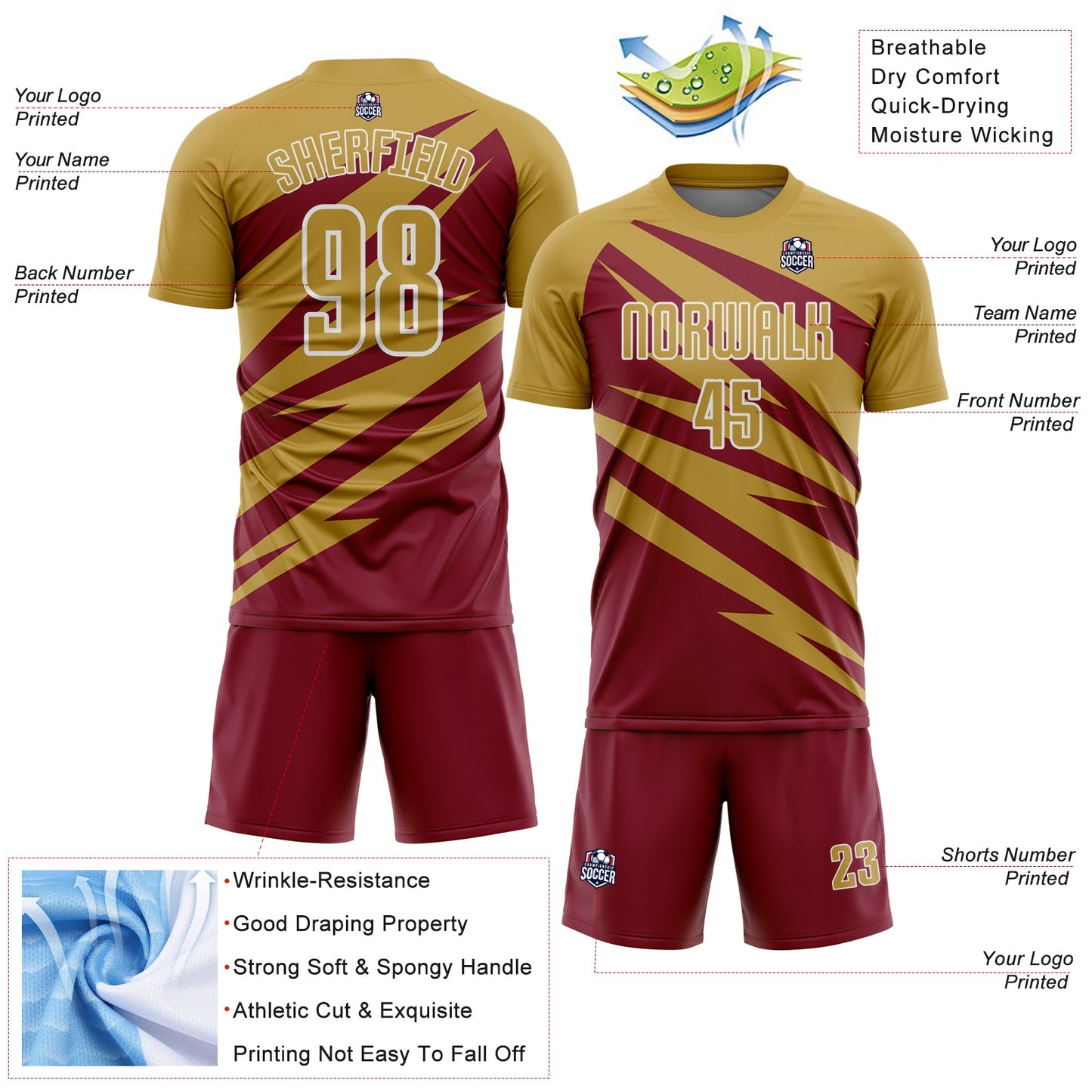 Custom Old Gold Crimson-White Abstract Line Sports Sublimation Soccer Uniform Jersey view 4