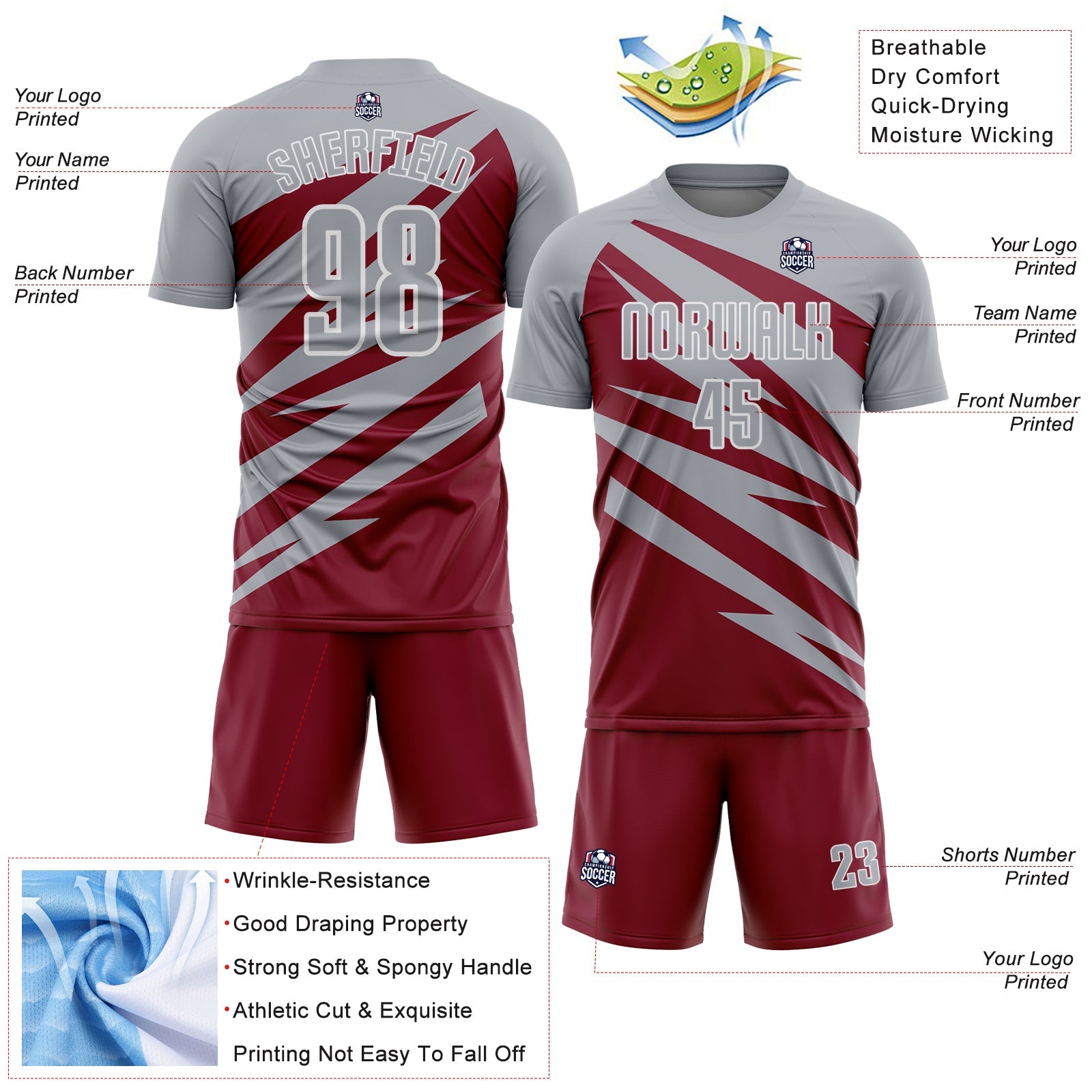 Custom Gray Crimson-White Abstract Line Sports Sublimation Soccer Uniform Jersey view 4