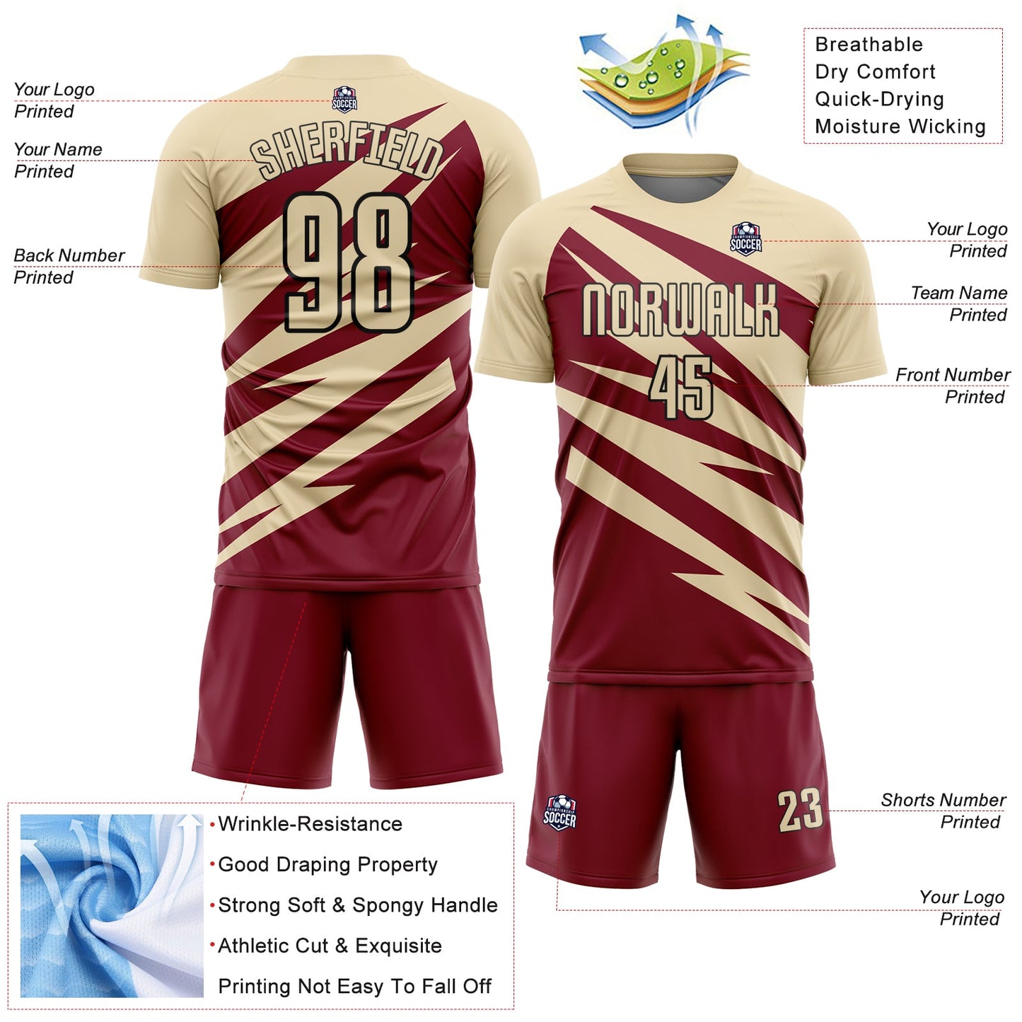 Custom Cream Crimson-Black Abstract Line Sports Sublimation Soccer Uniform Jersey view 4