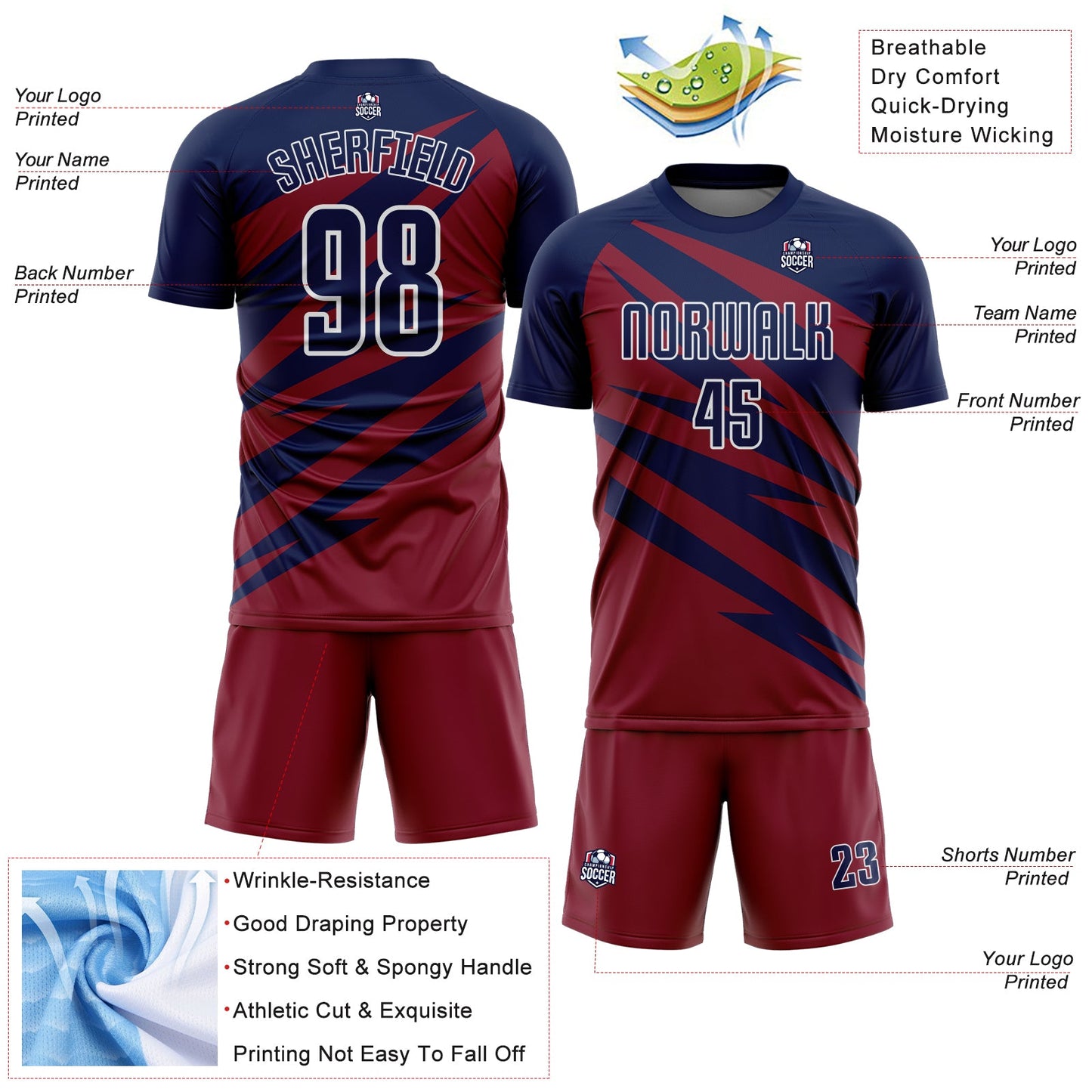 Custom Navy Crimson-White Abstract Line Sports Sublimation Soccer Uniform Jersey view 4