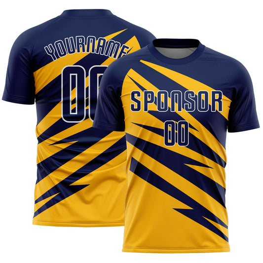 Custom Navy Gold-White Abstract Line Sports Sublimation Soccer Uniform Jersey - Main View