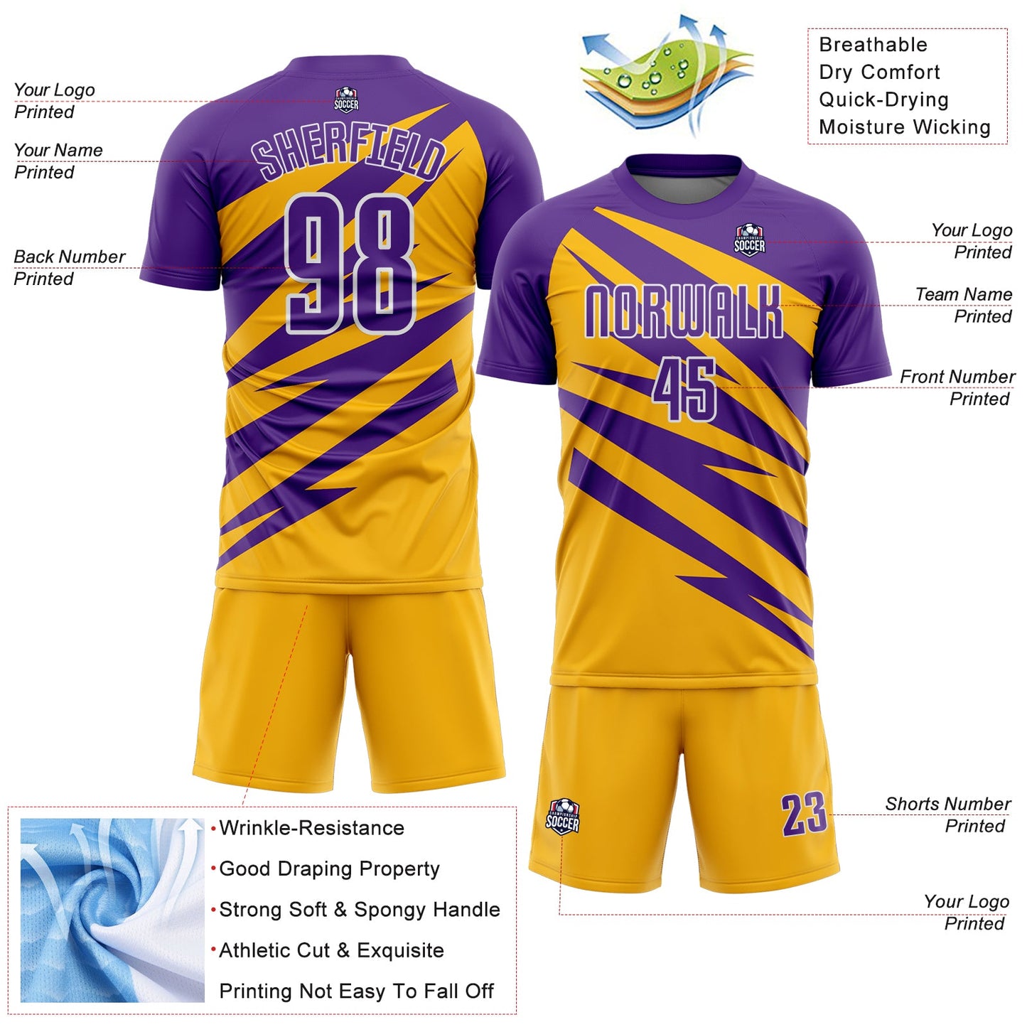 Custom Purple Gold-White Abstract Line Sports Sublimation Soccer Uniform Jersey view 4