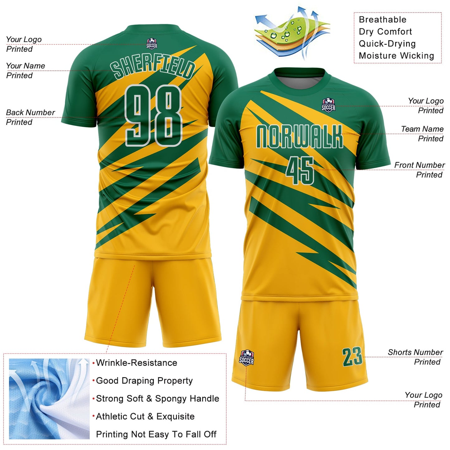 Custom Kelly Green Gold-White Abstract Line Sports Sublimation Soccer Uniform Jersey view 4