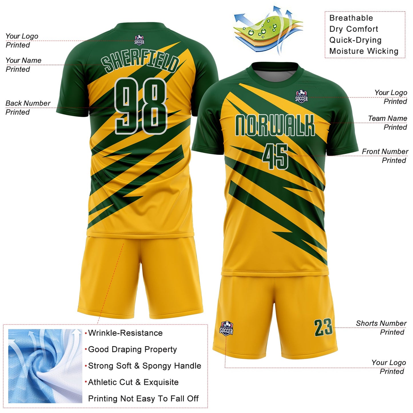 Custom Green Gold-White Abstract Line Sports Sublimation Soccer Uniform Jersey view 4
