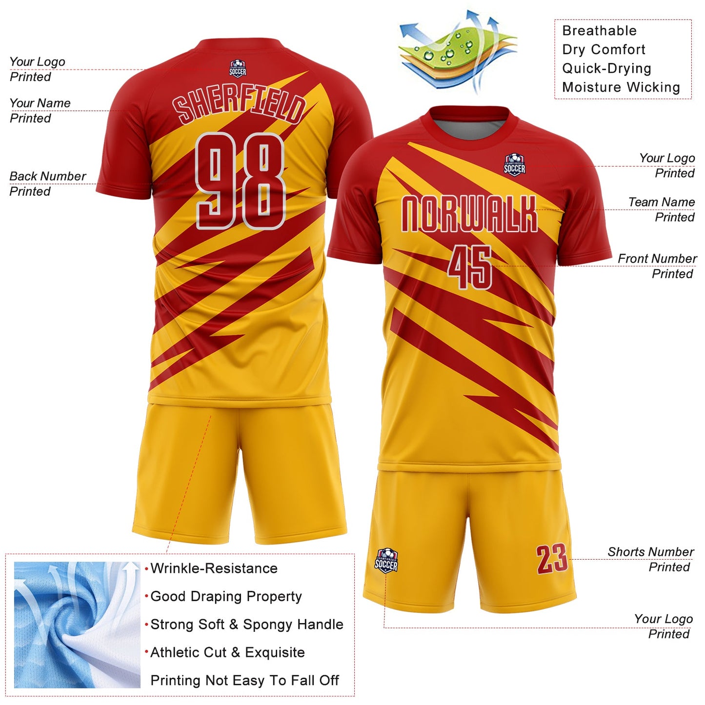 Custom Red Gold-White Abstract Line Sports Sublimation Soccer Uniform Jersey view 4