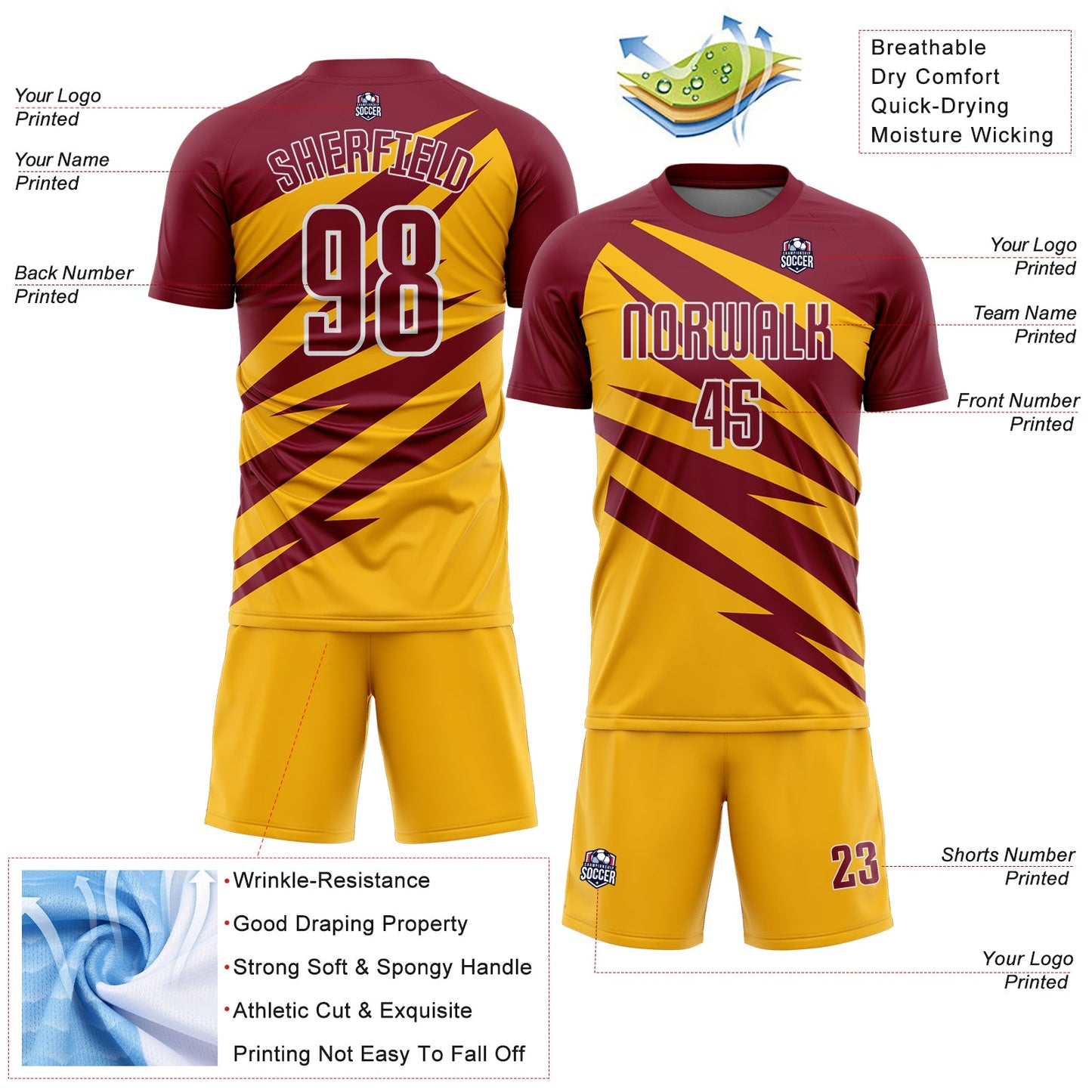 Custom Crimson Gold-White Abstract Line Sports Sublimation Soccer Uniform Jersey view 4