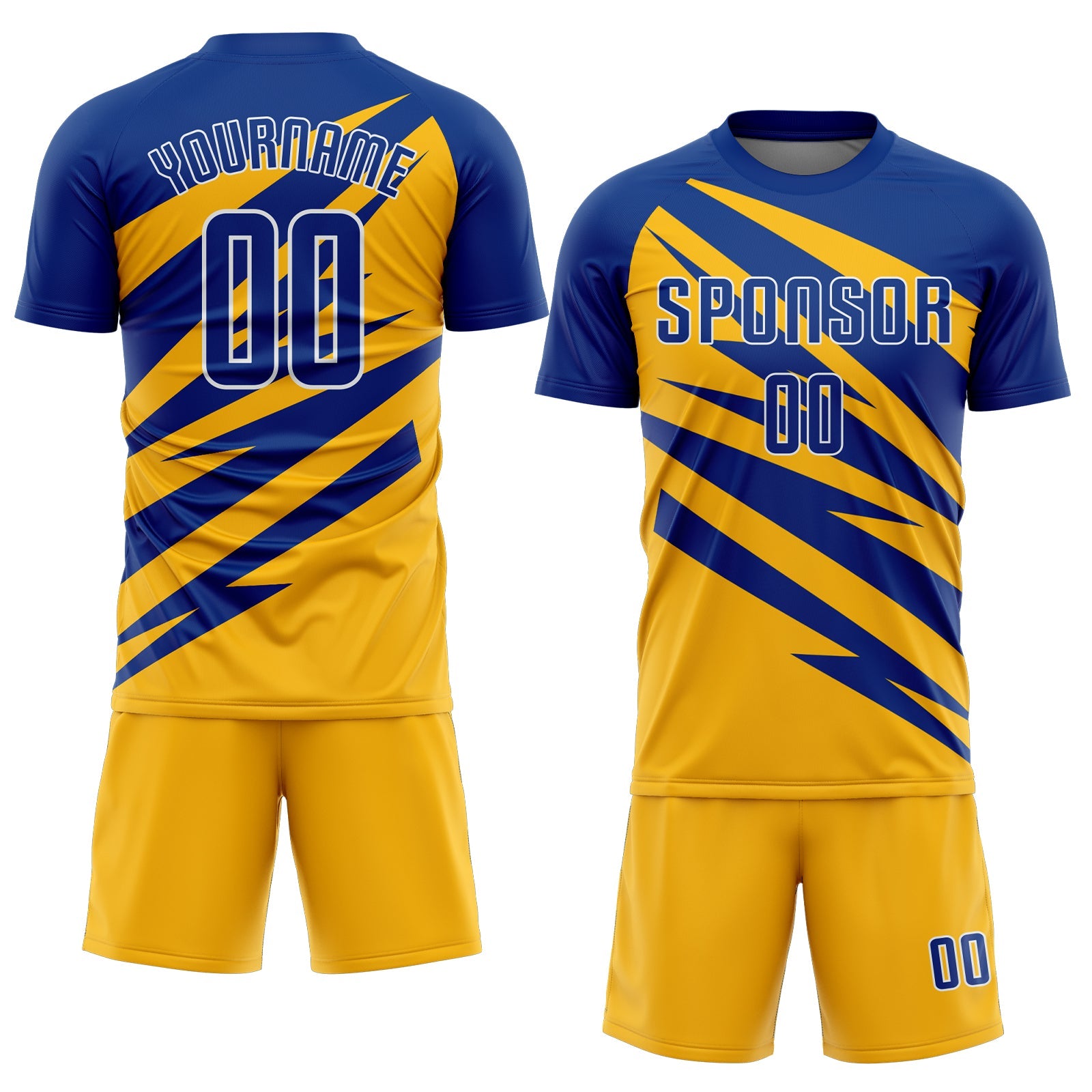 Custom Royal Gold-White Abstract Line Sports Sublimation Soccer Uniform Jersey view 2