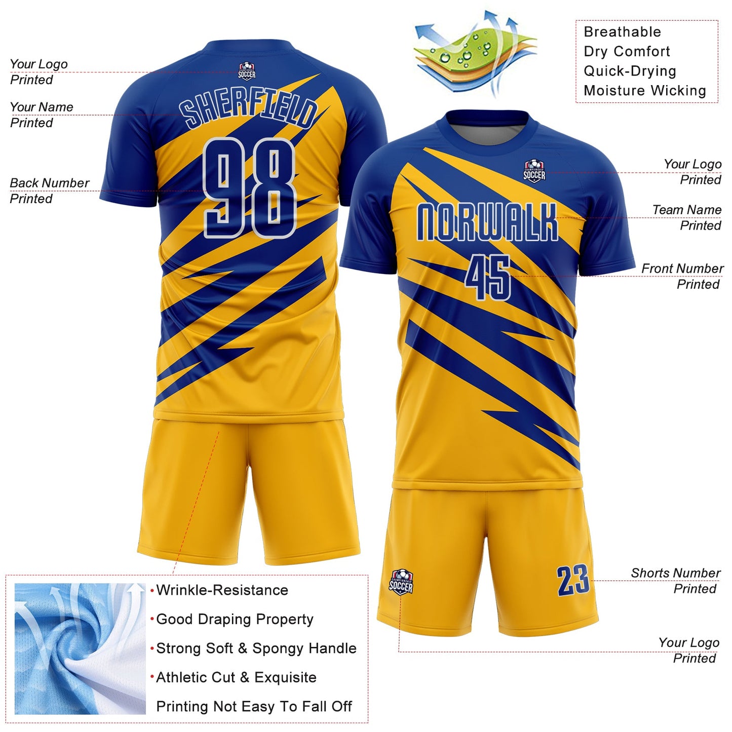Custom Royal Gold-White Abstract Line Sports Sublimation Soccer Uniform Jersey view 4