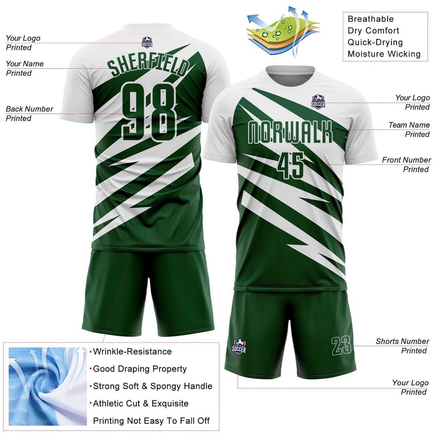 Custom White Green Abstract Line Sports Sublimation Soccer Uniform Jersey view 4