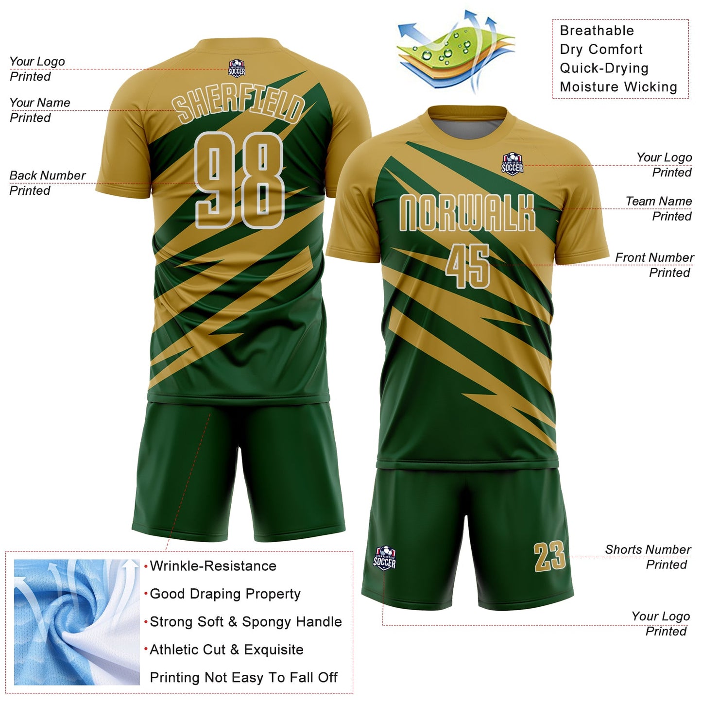Custom Old Gold Green-White Abstract Line Sports Sublimation Soccer Uniform Jersey view 4
