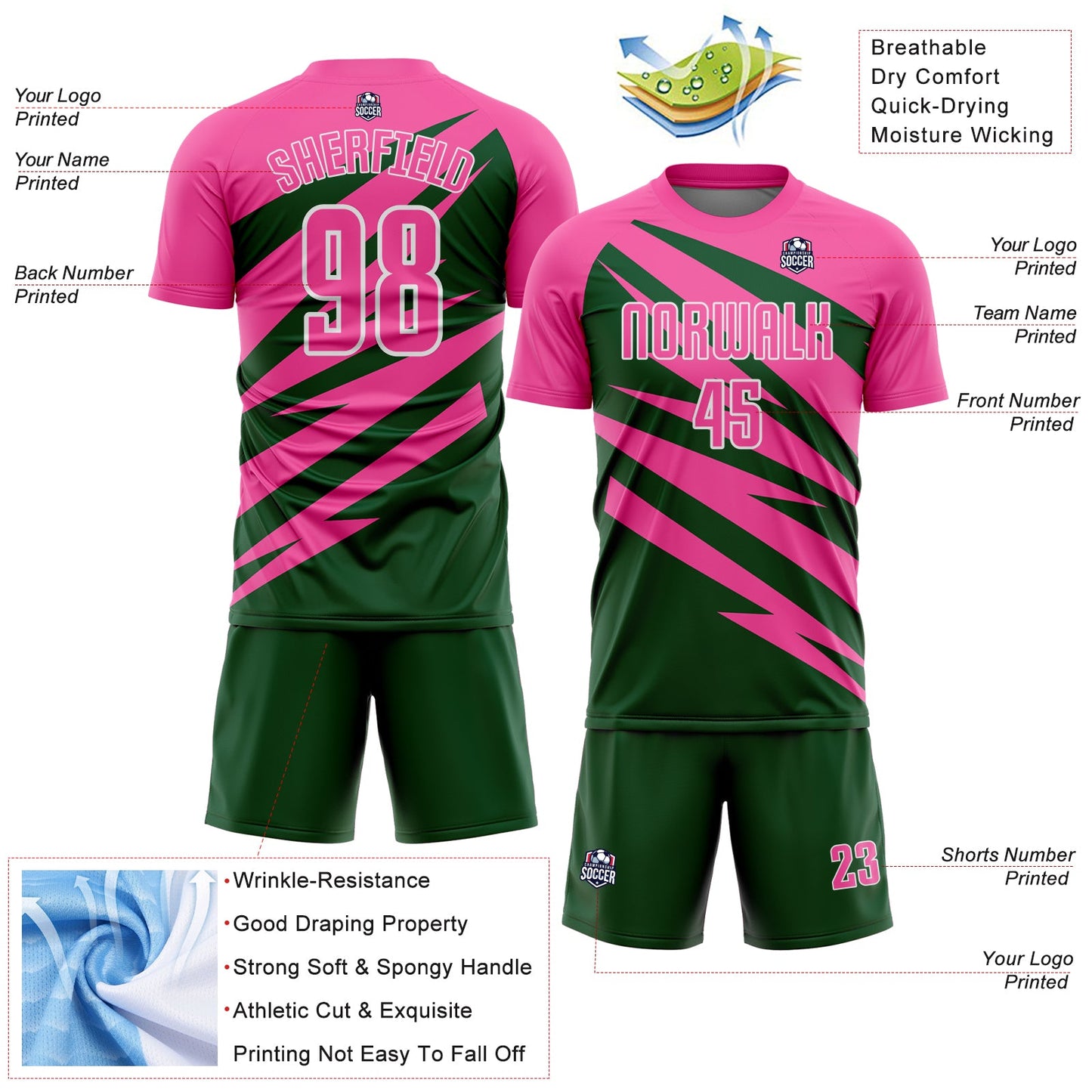 Custom Pink Green-White Abstract Line Sports Sublimation Soccer Uniform Jersey view 4