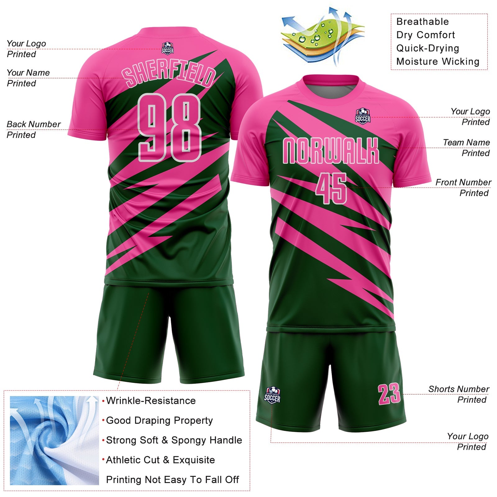 Custom Pink Green-White Abstract Line Sports Sublimation Soccer Uniform Jersey view 4