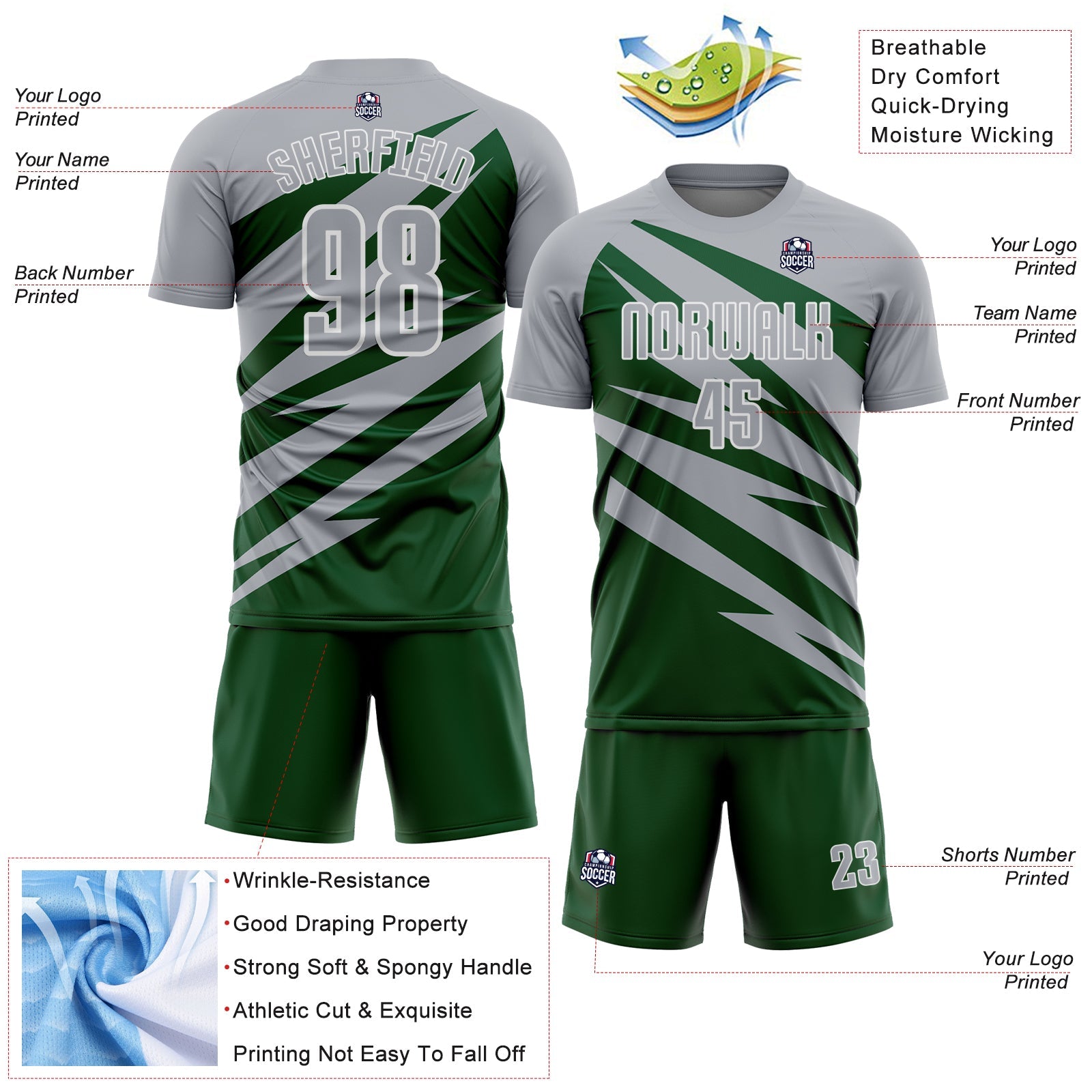 Custom Gray Green-White Abstract Line Sports Sublimation Soccer Uniform Jersey view 4