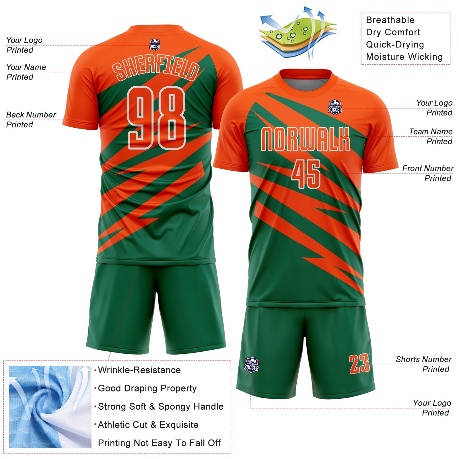 Custom Orange Kelly Green-White Abstract Line Sports Sublimation Soccer Uniform Jersey view 4