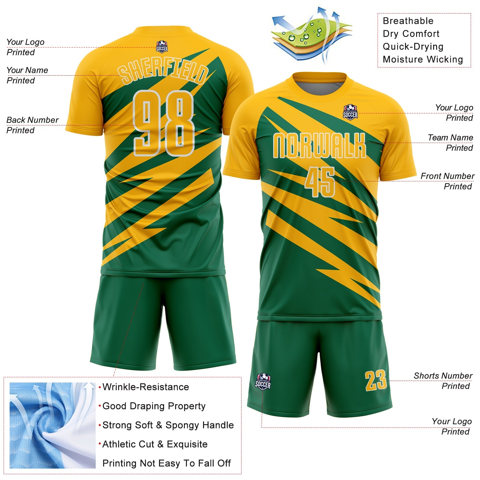 Custom Gold Kelly Green-White Abstract Line Sports Sublimation Soccer Uniform Jersey view 4
