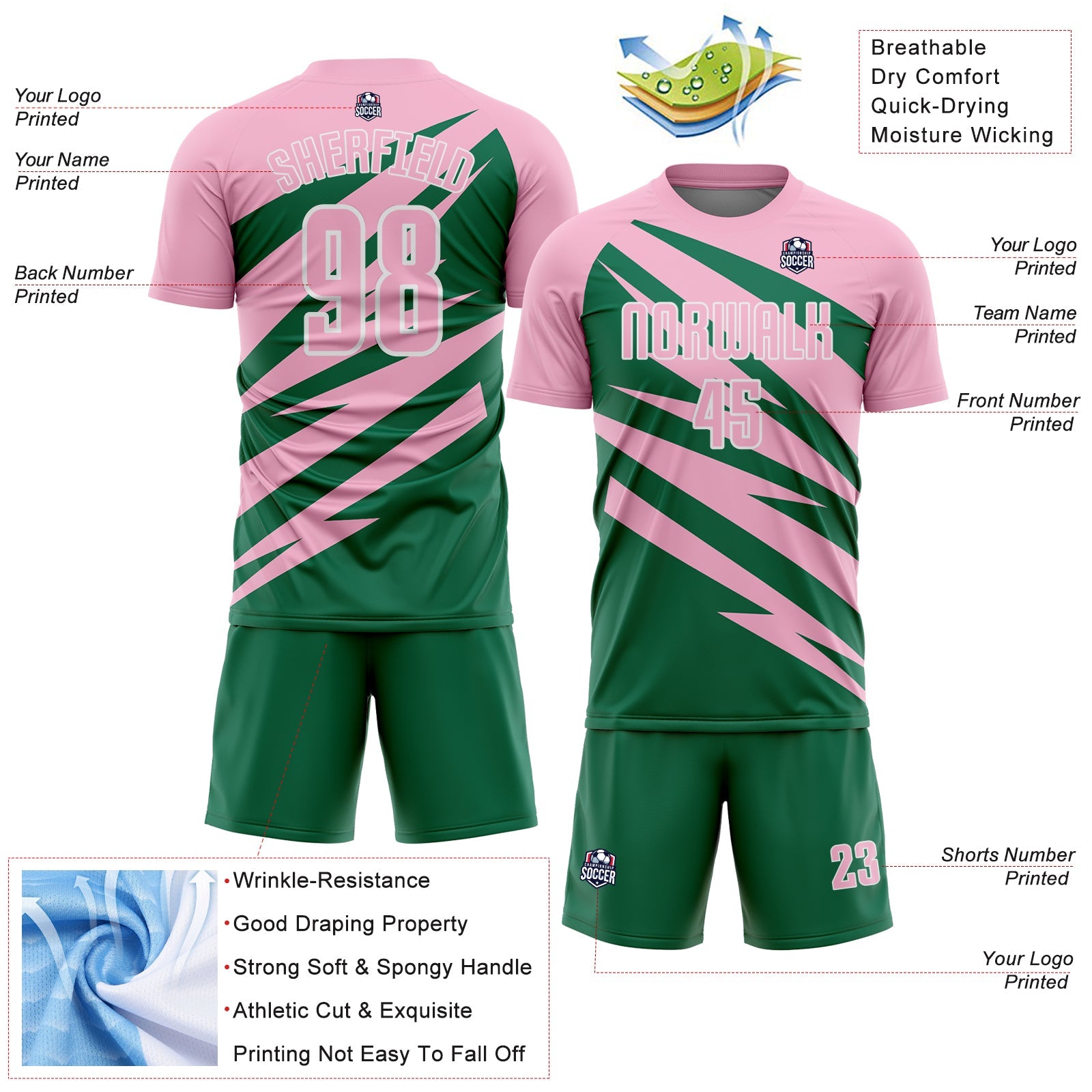 Custom Light Pink Kelly Green-White Abstract Line Sports Sublimation Soccer Uniform Jersey view 4