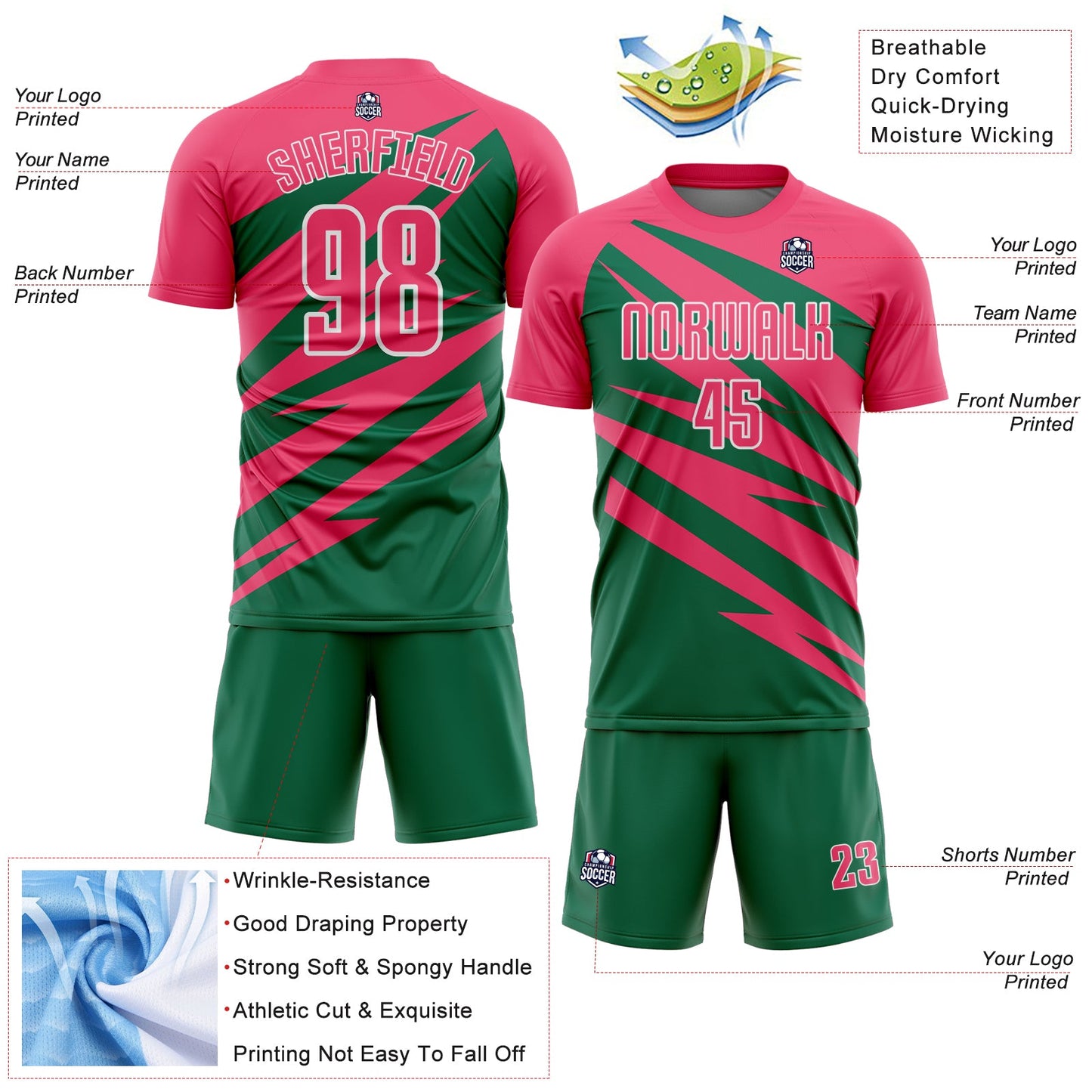 Custom Neon Pink Kelly Green-White Abstract Line Sports Sublimation Soccer Uniform Jersey view 4