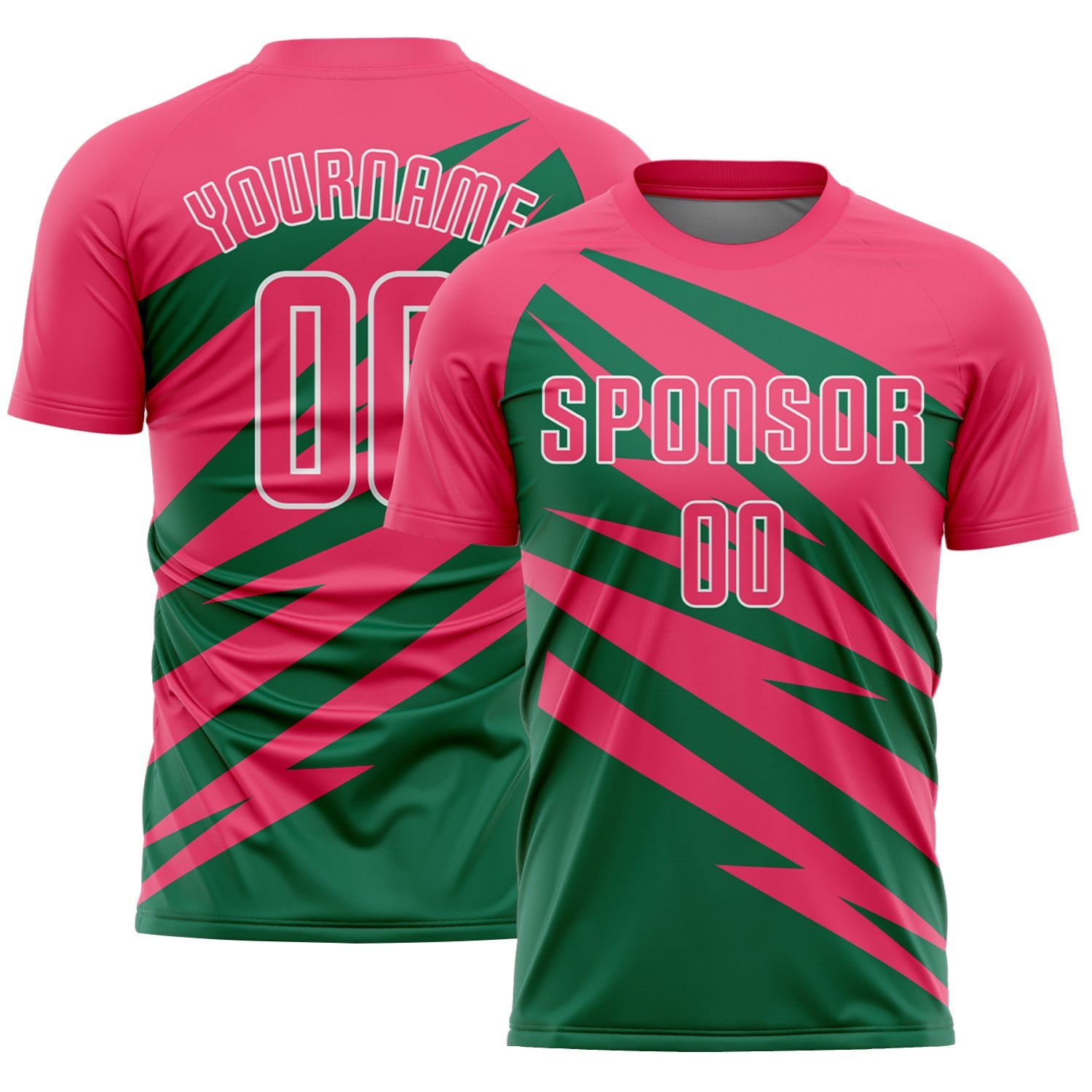 Custom Neon Pink Kelly Green-White Abstract Line Sports Sublimation Soccer Uniform Jersey - Main View