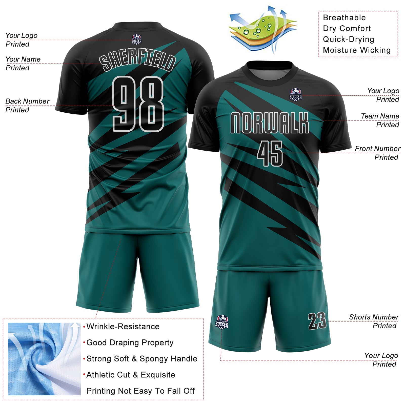 Custom Black Teal-White Abstract Line Sports Sublimation Soccer Uniform Jersey view 4