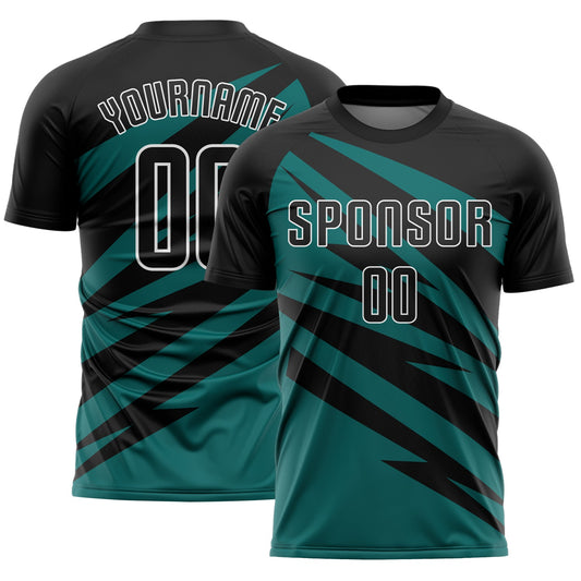 Custom Black Teal-White Abstract Line Sports Sublimation Soccer Uniform Jersey - Main View