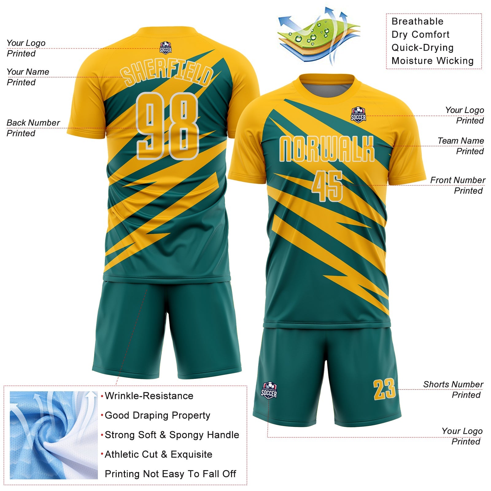 Custom Gold Teal-White Abstract Line Sports Sublimation Soccer Uniform Jersey view 4