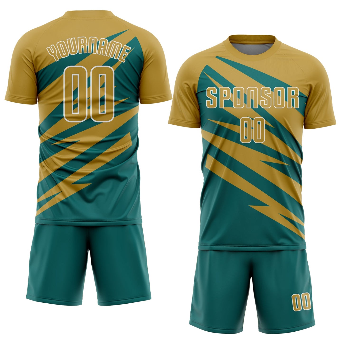 Custom Old Gold Teal-White Abstract Line Sports Sublimation Soccer Uniform Jersey view 2