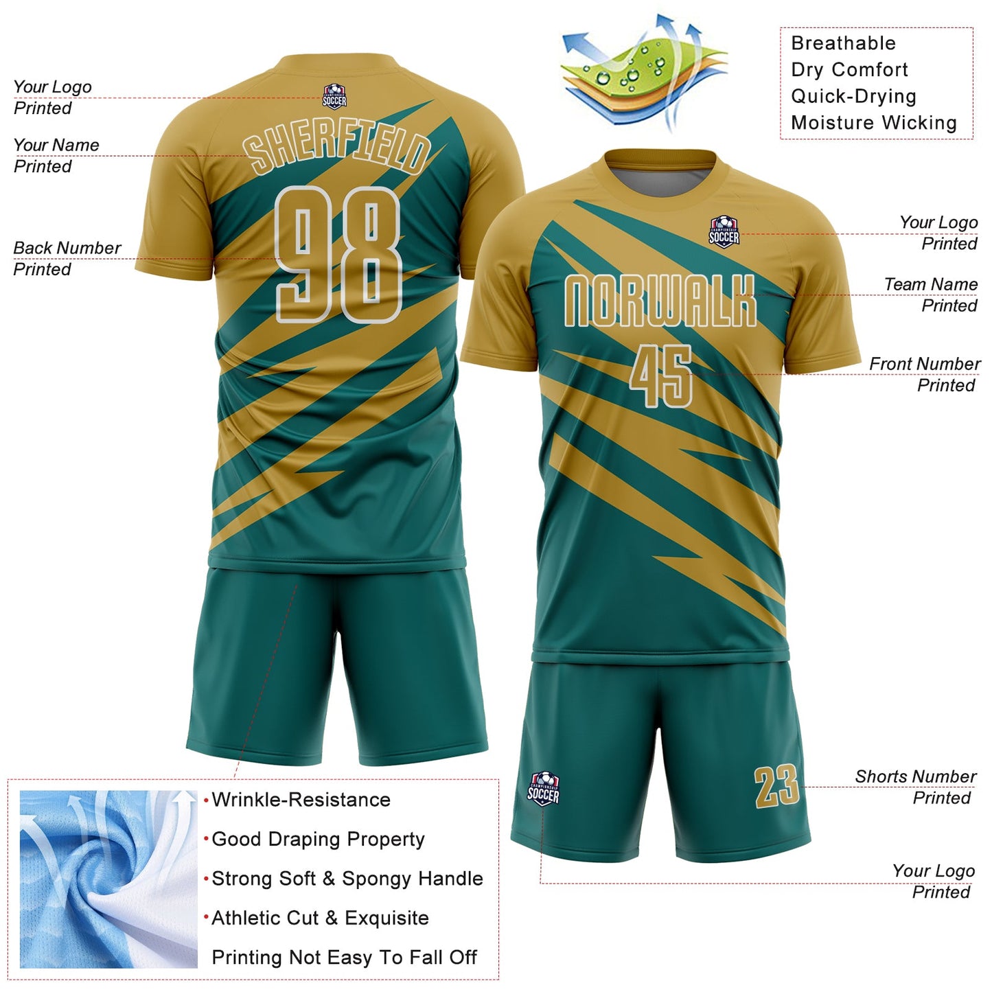 Custom Old Gold Teal-White Abstract Line Sports Sublimation Soccer Uniform Jersey view 4
