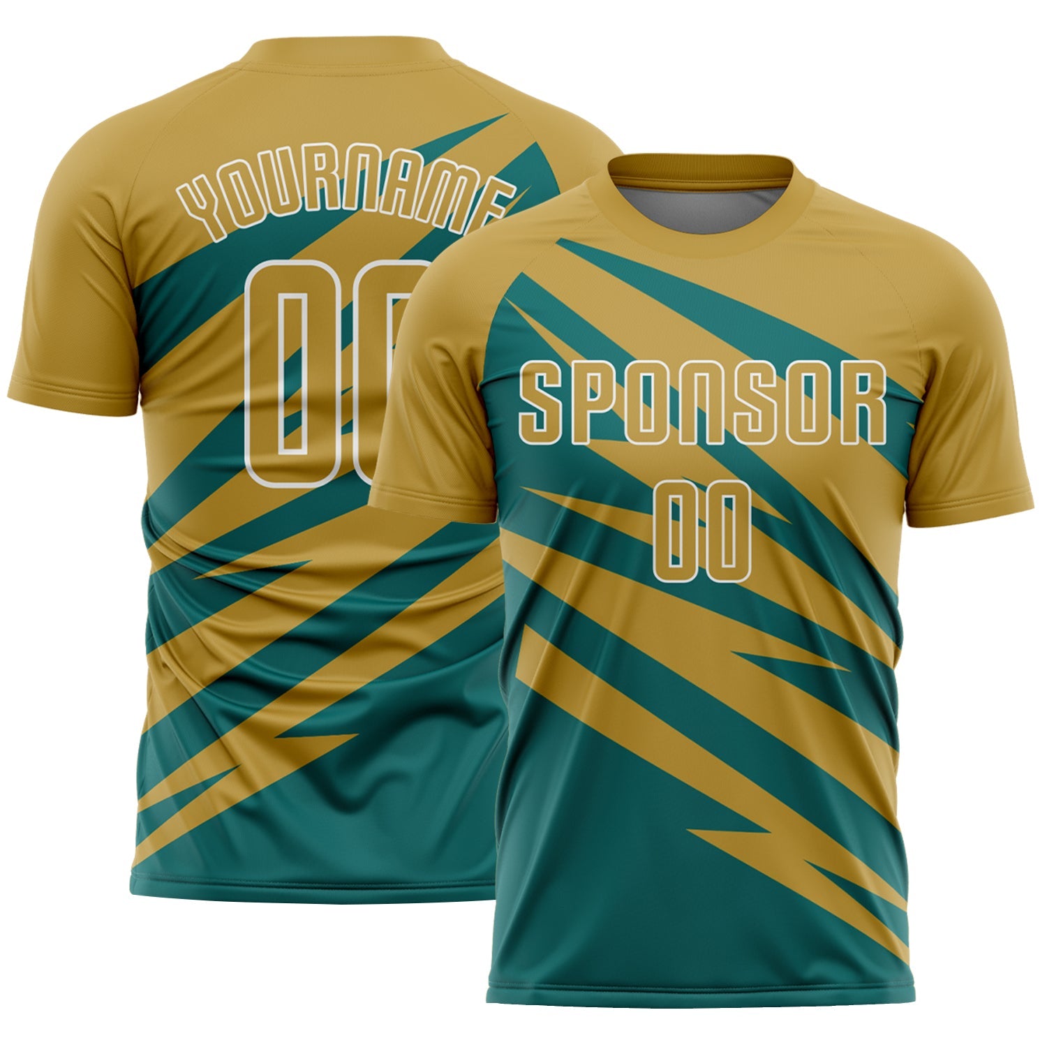 Custom Old Gold Teal-White Abstract Line Sports Sublimation Soccer Uniform Jersey - Main View