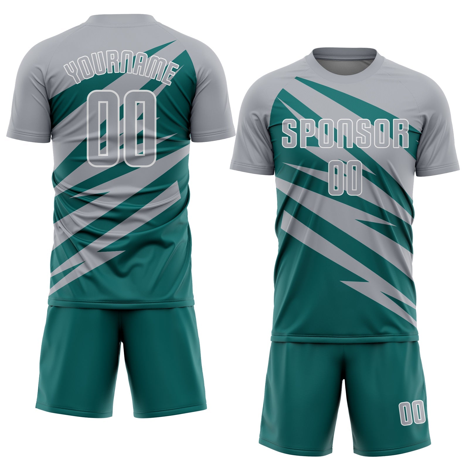Custom Gray Teal-White Abstract Line Sports Sublimation Soccer Uniform Jersey view 2
