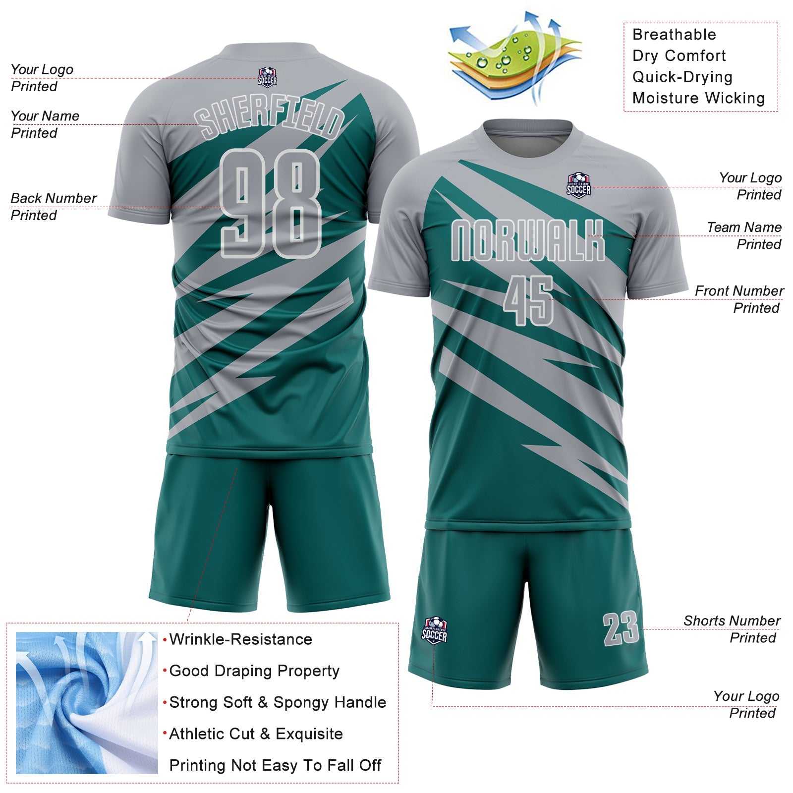 Custom Gray Teal-White Abstract Line Sports Sublimation Soccer Uniform Jersey view 4