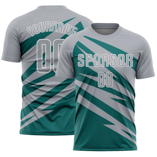 Custom Gray Teal-White Abstract Line Sports Sublimation Soccer Uniform Jersey - Main View
