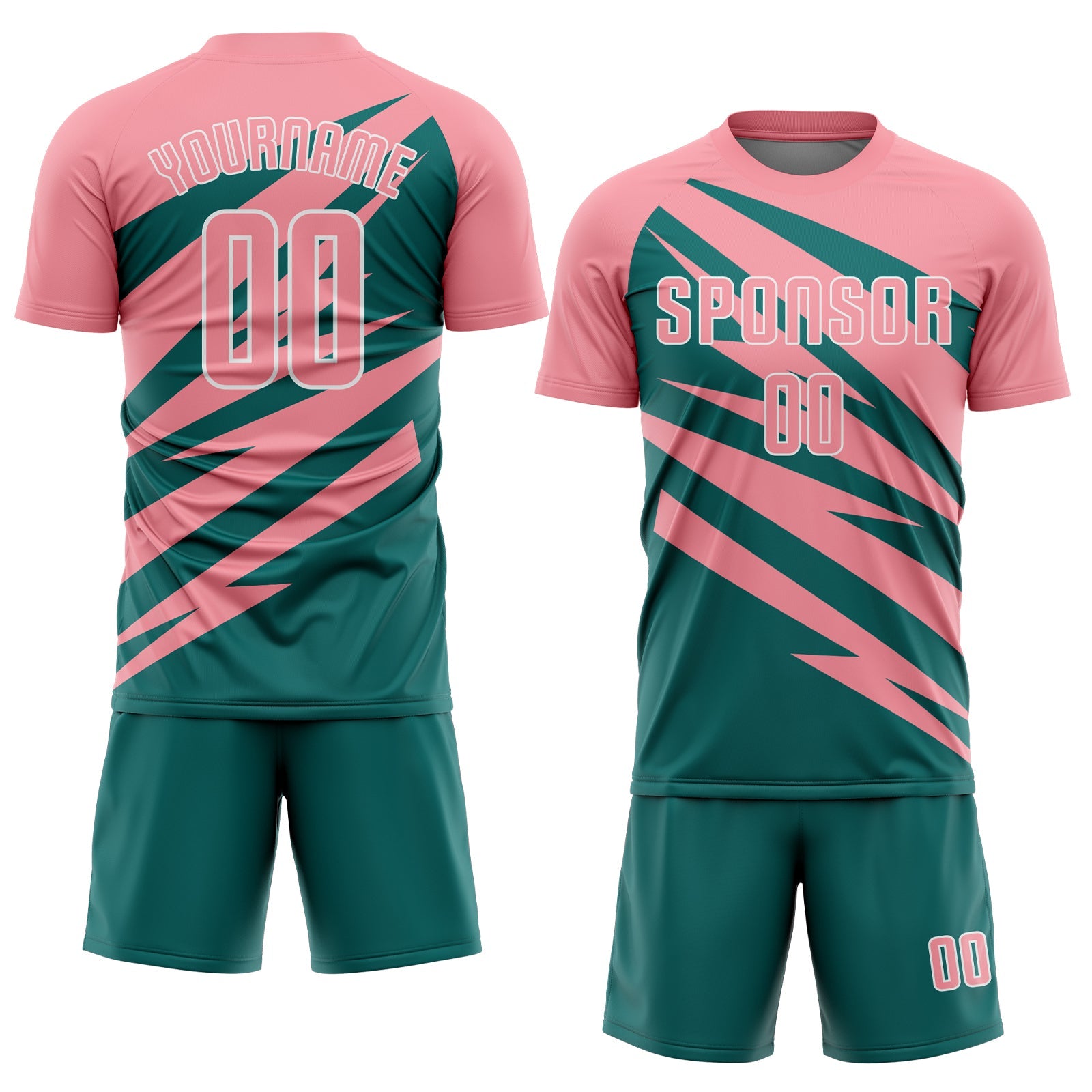 Custom Medium Pink Teal-White Abstract Line Sports Sublimation Soccer Uniform Jersey view 2