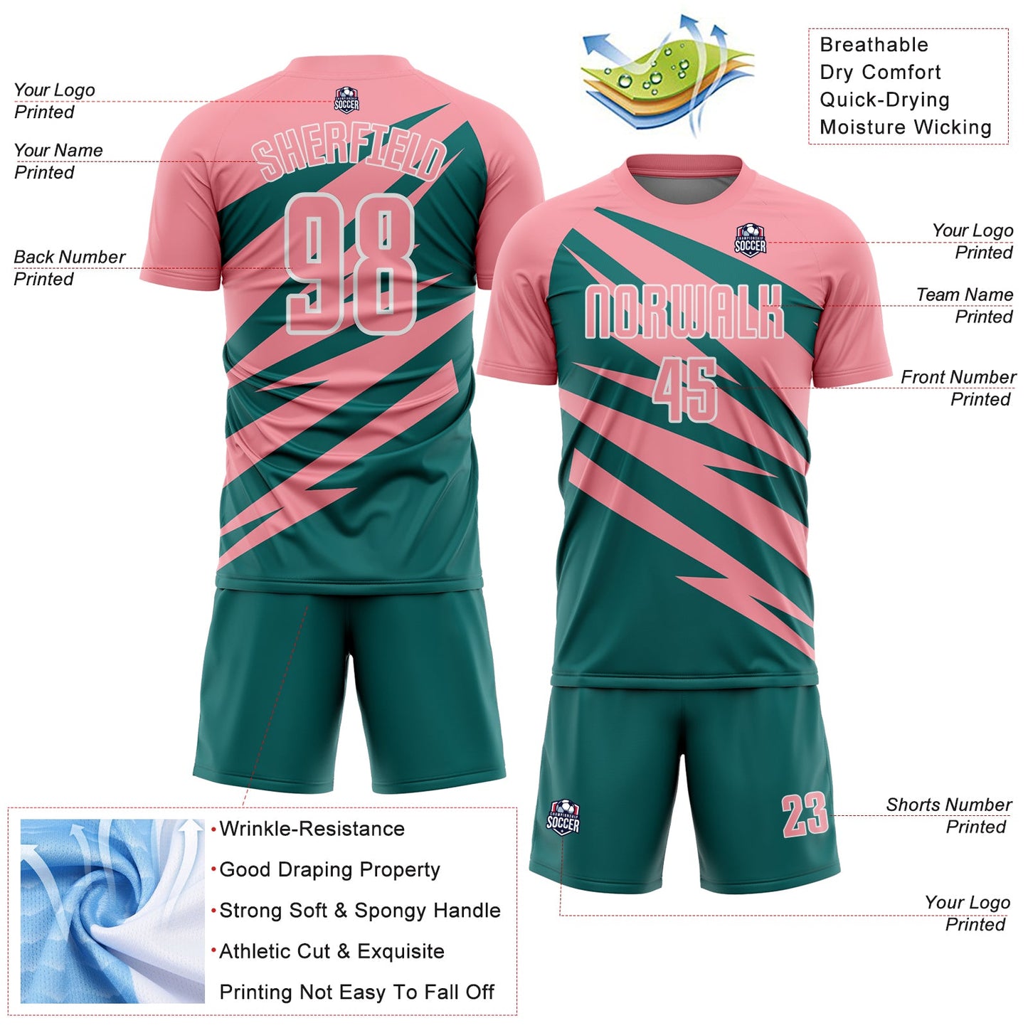 Custom Medium Pink Teal-White Abstract Line Sports Sublimation Soccer Uniform Jersey view 4