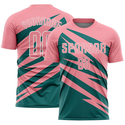 Custom Medium Pink Teal-White Abstract Line Sports Sublimation Soccer Uniform Jersey - Main View