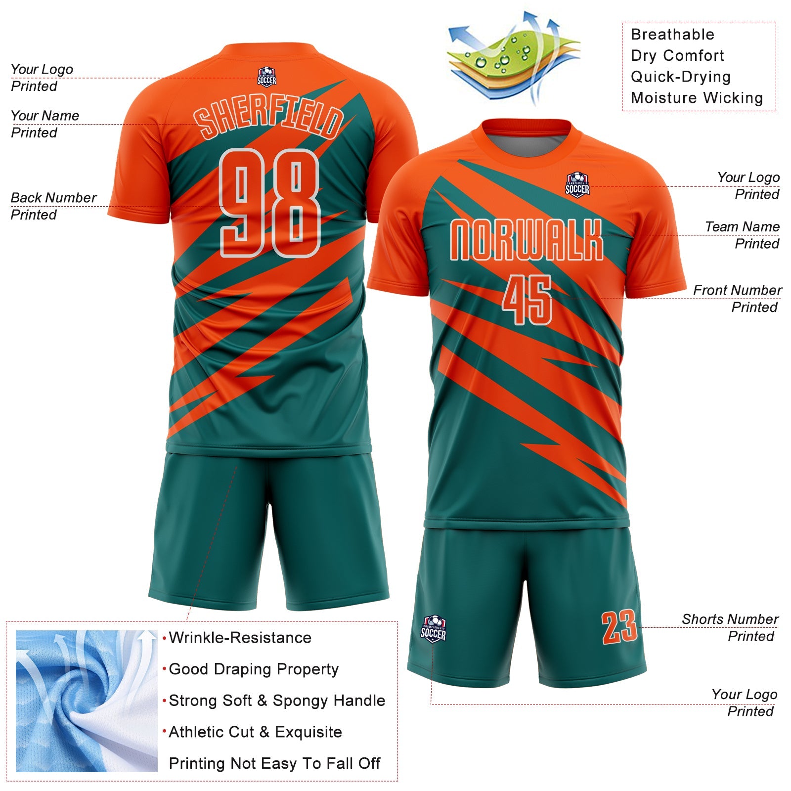 Custom Orange Teal-White Abstract Line Sports Sublimation Soccer Uniform Jersey view 4