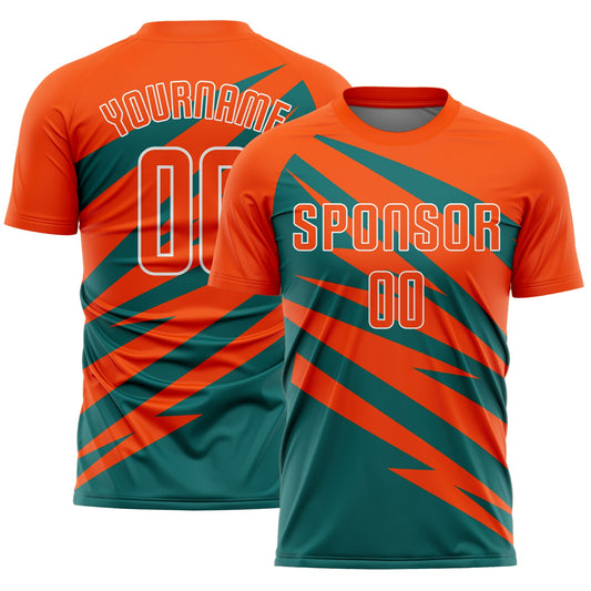 Custom Orange Teal-White Abstract Line Sports Sublimation Soccer Uniform Jersey - Main View