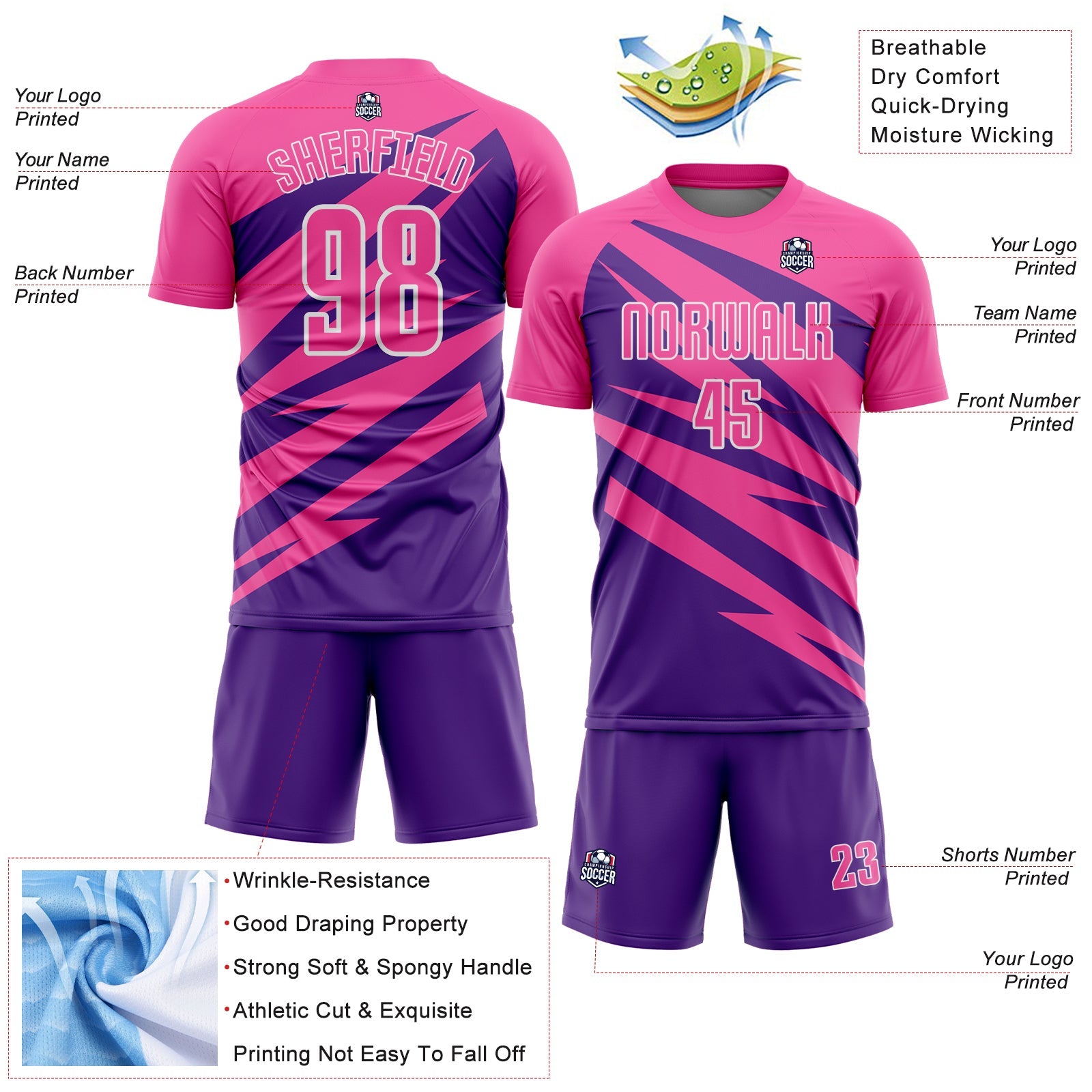 Custom Pink Purple-White Abstract Line Sports Sublimation Soccer Uniform Jersey view 4