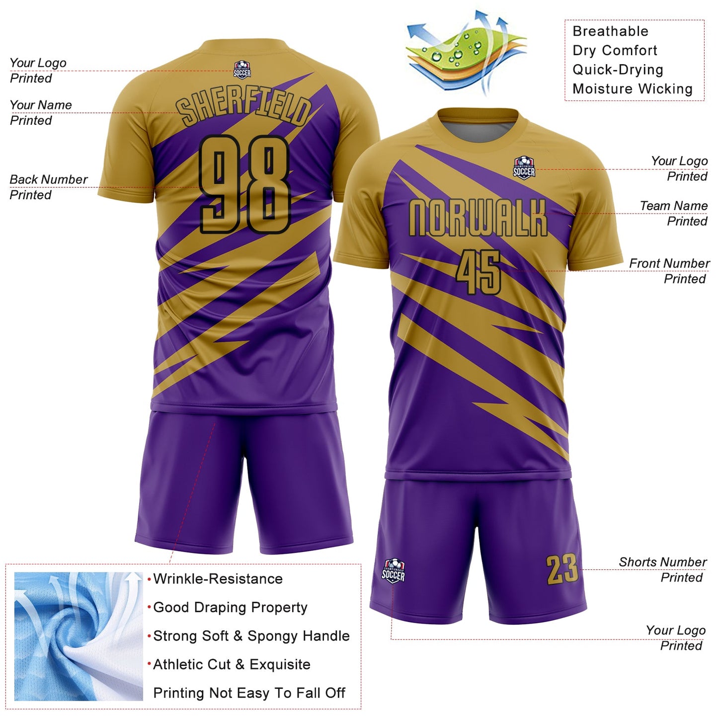 Custom Old Gold Purple-Black Abstract Line Sports Sublimation Soccer Uniform Jersey view 4