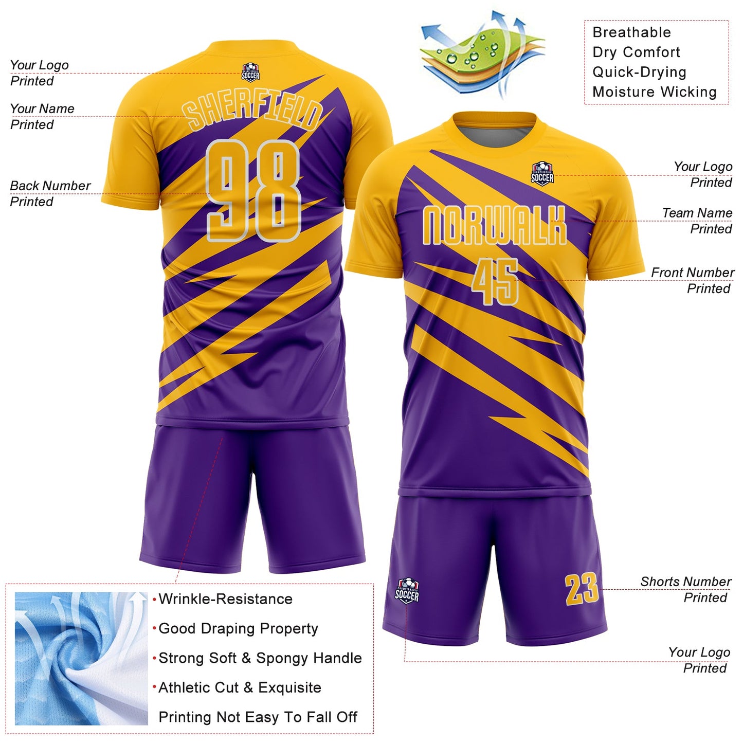 Custom Gold Purple-White Abstract Line Sports Sublimation Soccer Uniform Jersey view 4