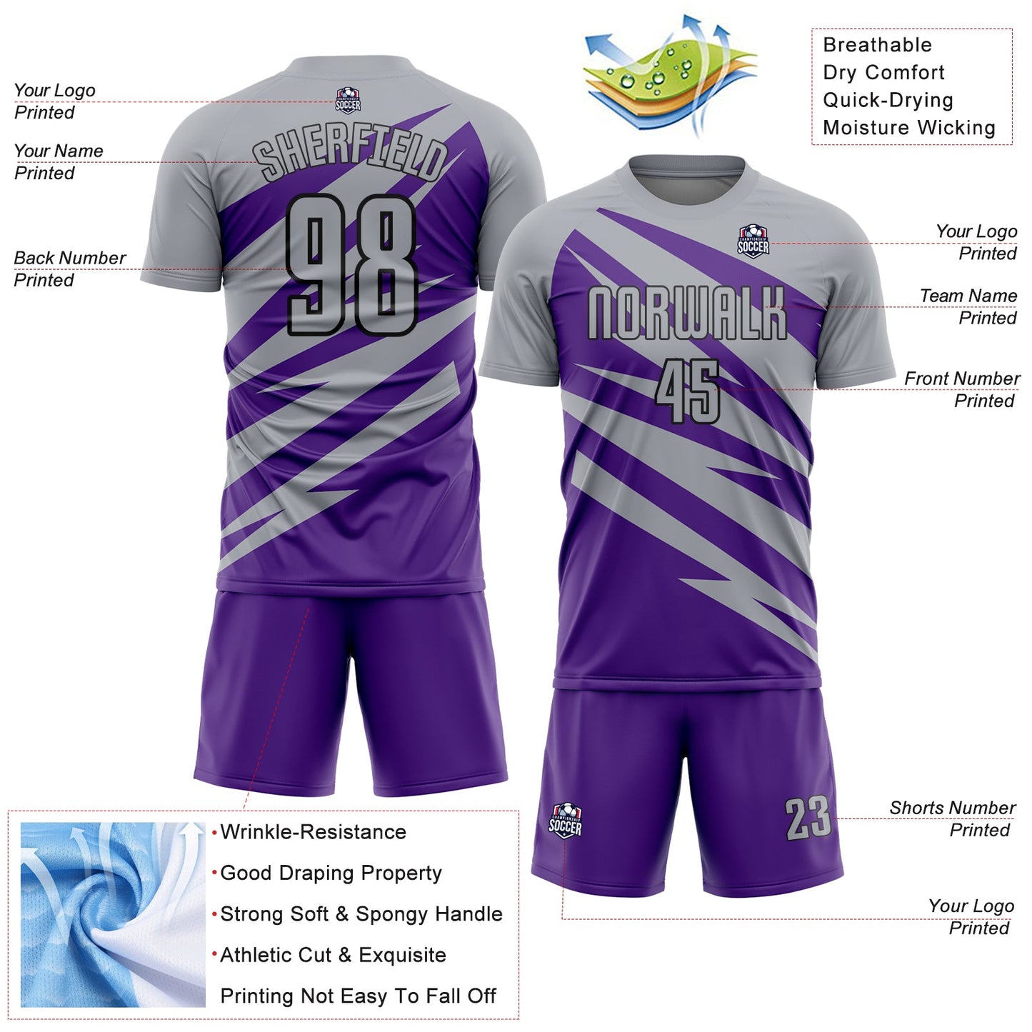 Custom Gray Purple-Black Abstract Line Sports Sublimation Soccer Uniform Jersey view 4