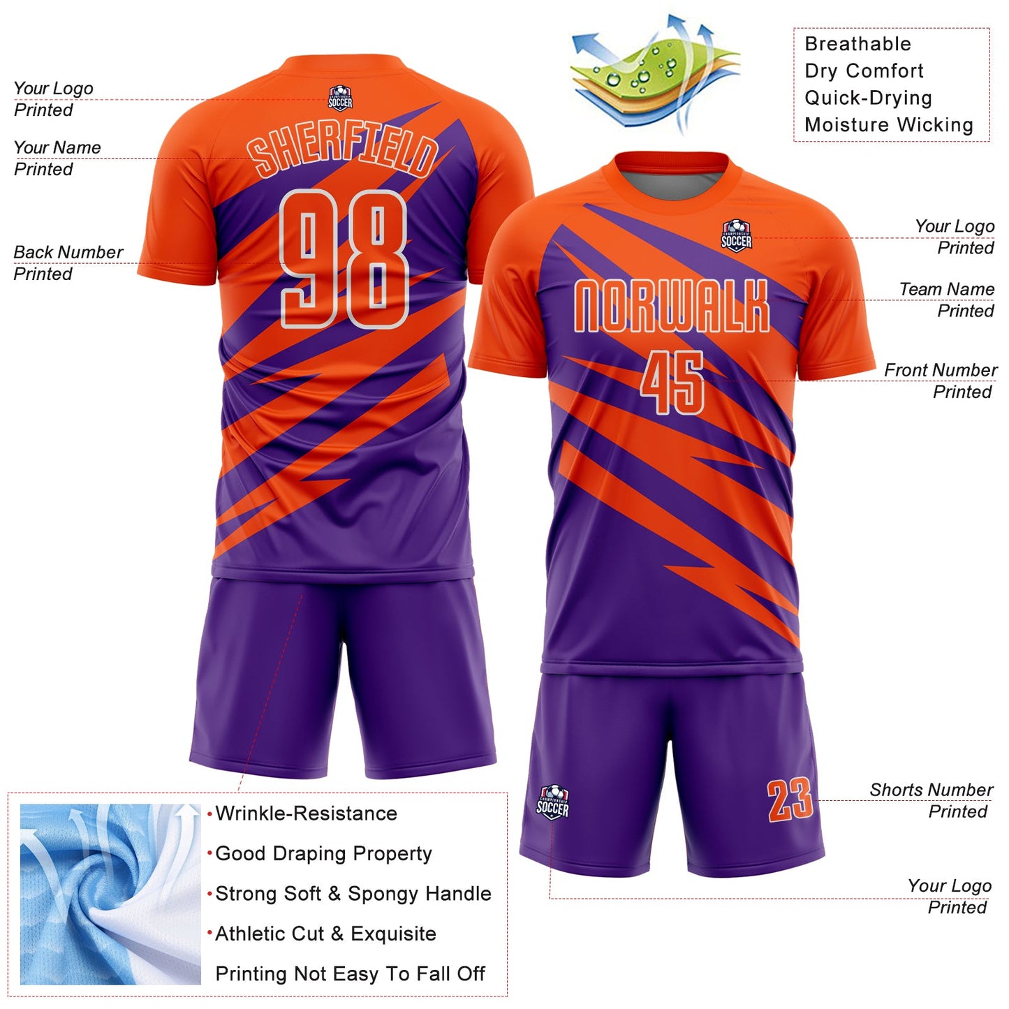 Custom Orange Purple-White Abstract Line Sports Sublimation Soccer Uniform Jersey view 4
