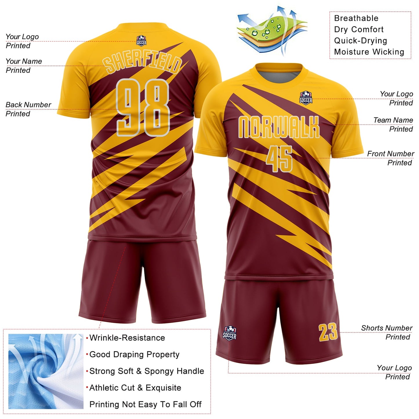 Custom Gold Burgundy-White Abstract Line Sports Sublimation Soccer Uniform Jersey view 4