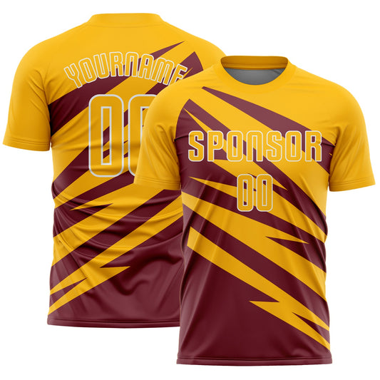 Custom Gold Burgundy-White Abstract Line Sports Sublimation Soccer Uniform Jersey - Main View