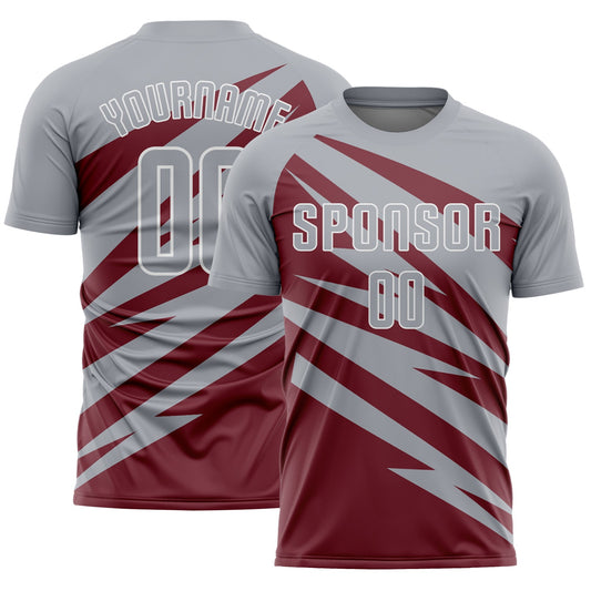Custom Gray Burgundy-White Abstract Line Sports Sublimation Soccer Uniform Jersey - Main View