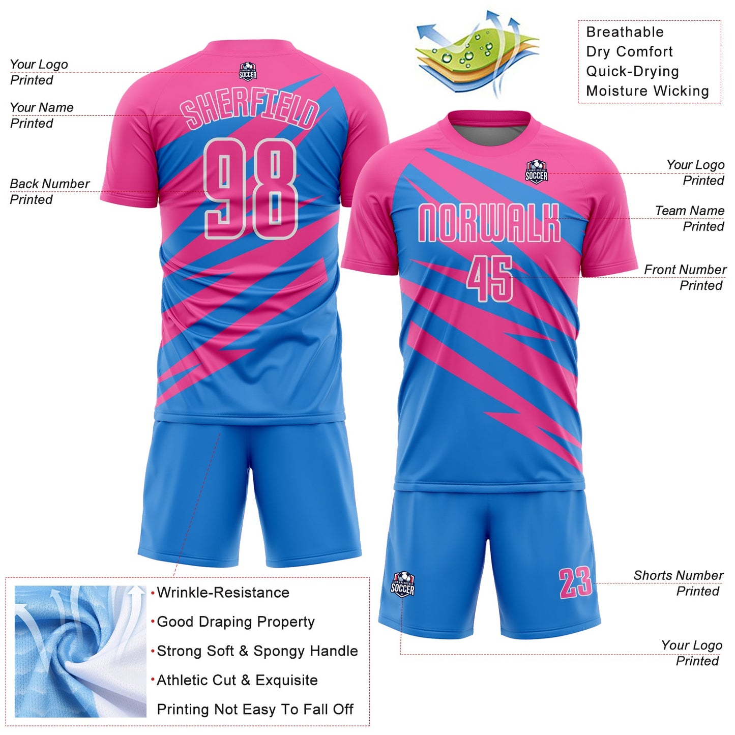 Custom Pink Powder Blue-White Abstract Line Sports Sublimation Soccer Uniform Jersey view 4