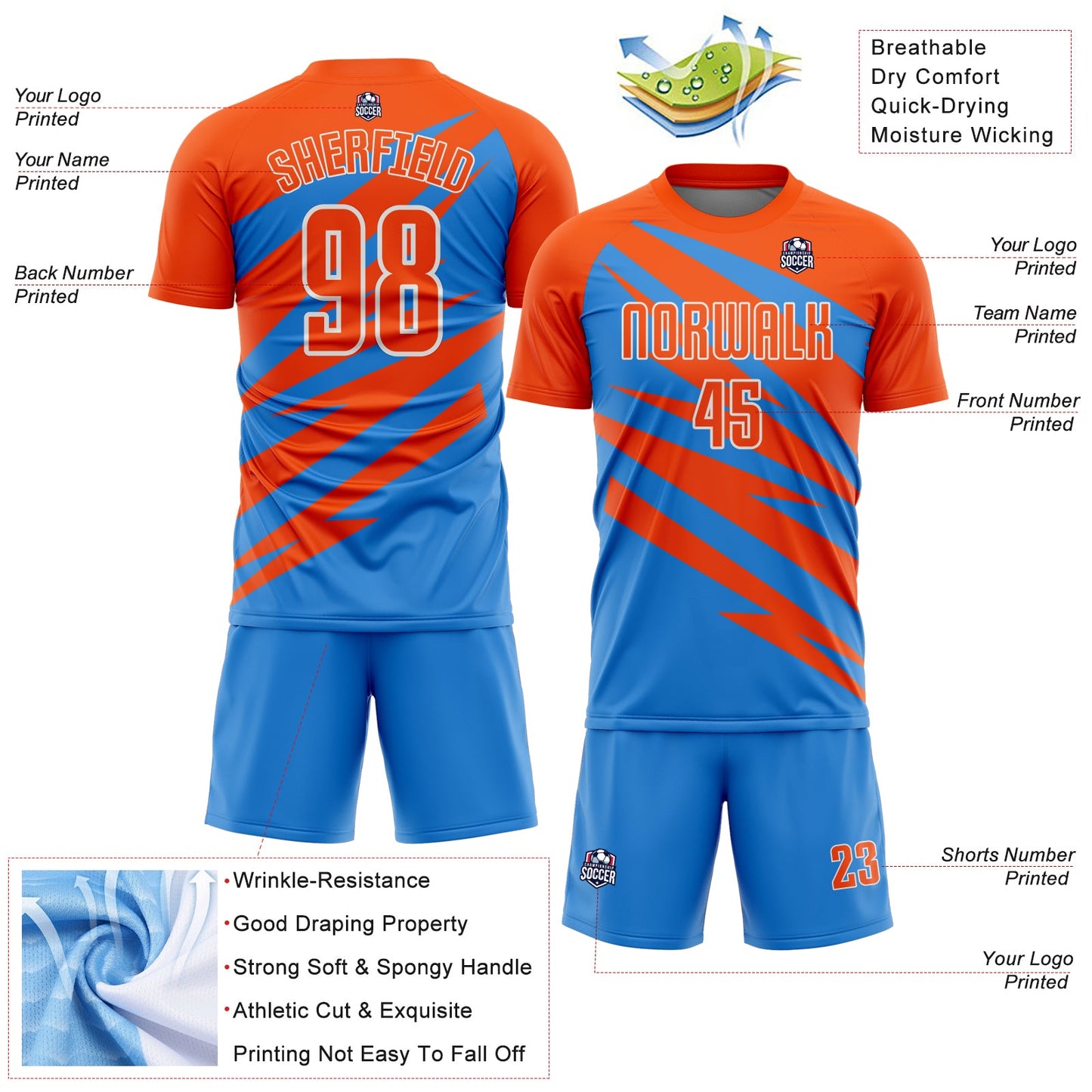 Custom Orange Powder Blue-White Abstract Line Sports Sublimation Soccer Uniform Jersey view 4